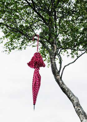 red umbrella with polka dots
