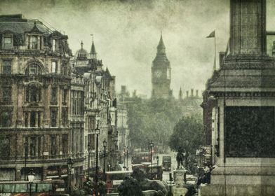Big Ben as seen from Trafalga Square, on a rainy day in ... 