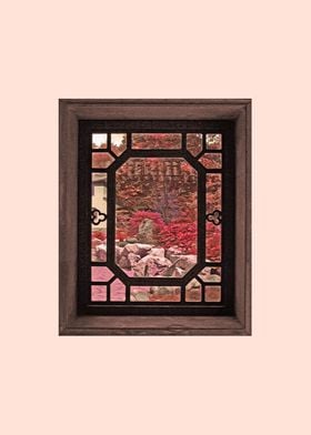 Japanese Garden Through Ornate Window on Pale Pink