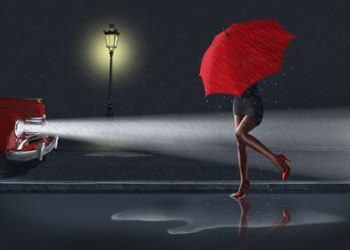 Rainy day with a sexy woman and her red umbrella