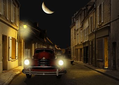 Old Town, with vintge car in the moonlight