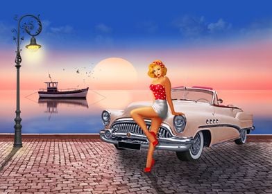 Pin up girl is waiting for the dearest on the coast