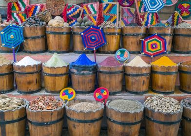 pigments and remedies on a market stand in the Souk of  ... 