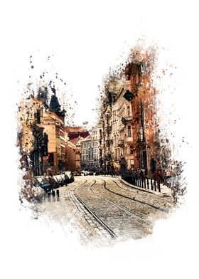 Prague street - watercolor
