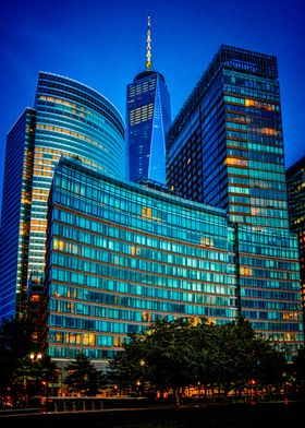 Battery Park City in downtown New  York at sunset featu ... 