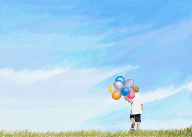 A boy with a bunch of balloons walking in a meadow. A h ... 