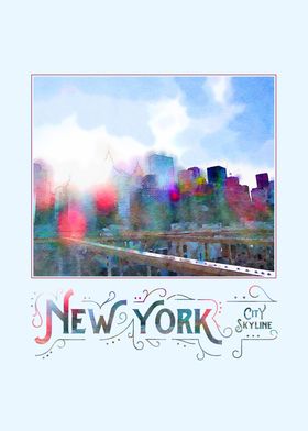 Digital watercolor of New York City skyline as seen fro ... 