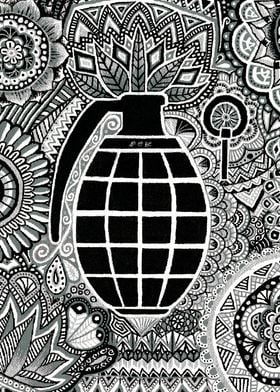 grenade, grey, black, white, silver, doodle, mandala, w ... 