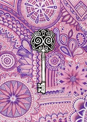 key, pink, rose, violet, purple, doodle, mandala, lock, ... 