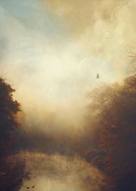 Rising fog on a river - textured photograph