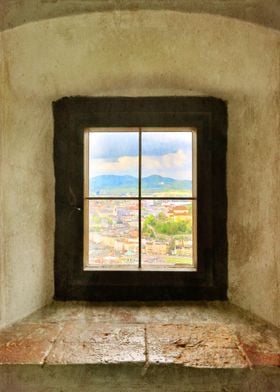 A view of Salzburg, Austria through the window of an an ... 
