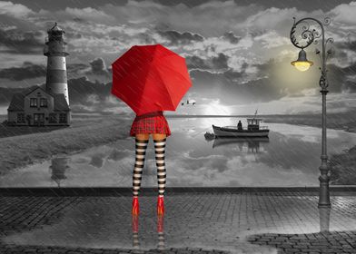 Sexy woman on high heels in miniskirt and red umbrella  ... 