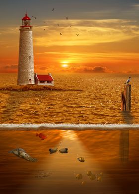 The view over and underwater with lighthouse at sunset  ... 