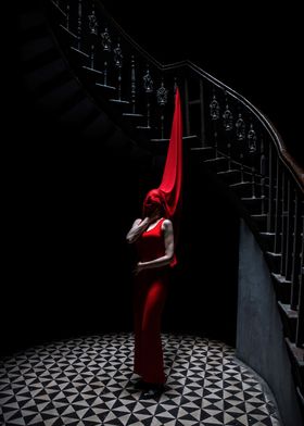 Surreal image of a slim woman in red dress with red clo ... 