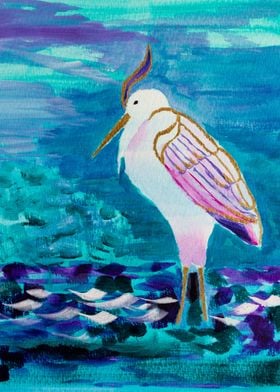 Great White Heron by the Lake Shore Acrylic Painting -  ... 