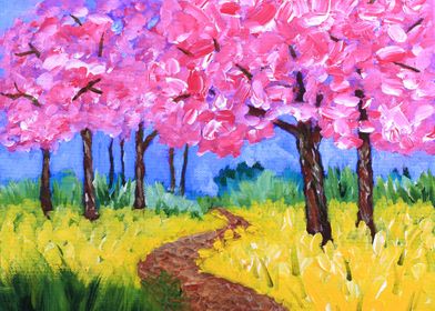 Cherry Trees Field Mustard After the Rain Painting - A  ... 