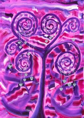 An acrylic painting of a purple tree with swirling bran ... 