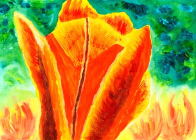 An acrylic painting of a bright yellow orange tulip, on ... 
