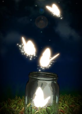 A painting of butterflies escaping a jar in the night.