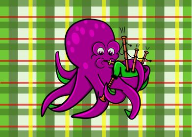 Tartan pattern with a cartoon octopus playing the bagpi ... 