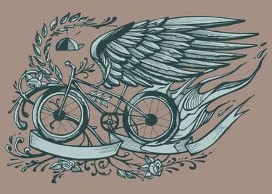 Hand drawn illustration or drawing of a flying bicycle