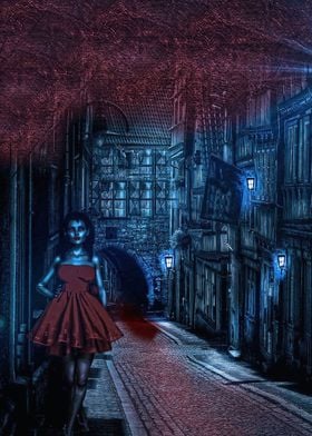 A woman in red with red eyes leaving what could be trai ... 
