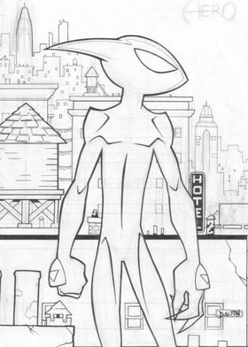 "Hero" - Alien standing in front of a cityscape. Create ... 