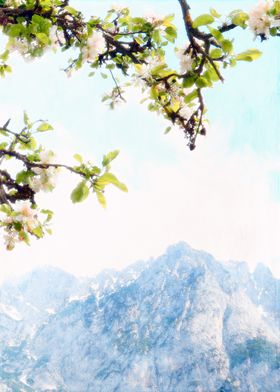 Pastel pink blue and green Austrian mountains and apple ... 
