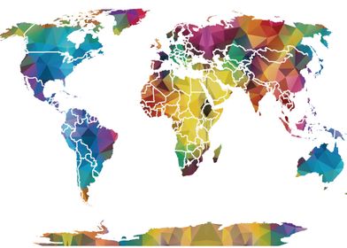 world map with colorful geometric abstract accents