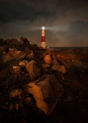 Evening view with red and black lighthouse