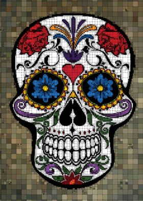 Graphic of a skull with flowers and a lot of squares... ... 