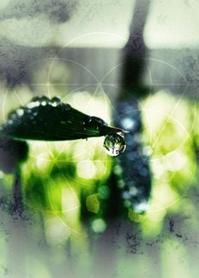 green nature, raindrop reflection. sacred geometry