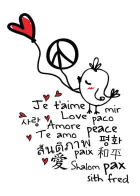Love & Peace in many language with little bird