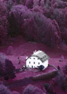 A white cottage contrasts against a dreamy pink and pur ... 