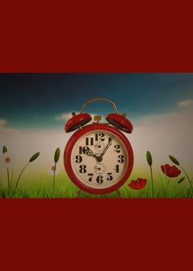 Colourful red clock sitting among flowers set against r ... 