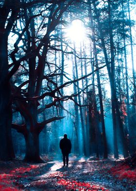 Silhouette of a man walking in the winter forest