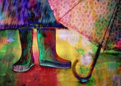 FUN ARTWORK OF WELLINGTON BOOTS AND UMBRELLA. LOVELY LI ... 