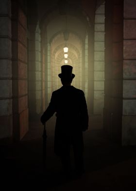 Victorian man in the passage with arches