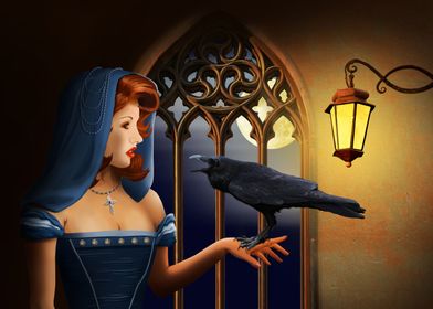 Mystery image with beautiful woman and a raven. 
