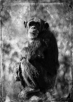 Mixed media art and photography piece of a chimpanzee   ... 