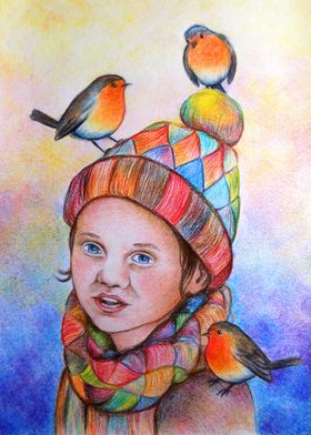 Little girl and robin bird