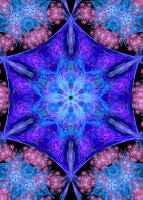 Six-sided Mandala in blue, purple, and pink.