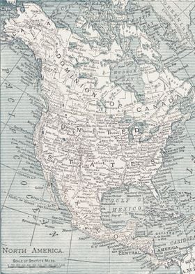 vintage map of North America in blue and white