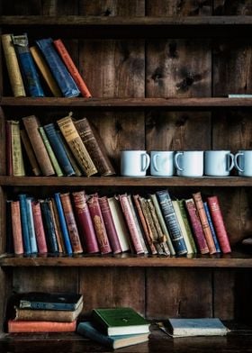 old books and cups in a wooden shelf 