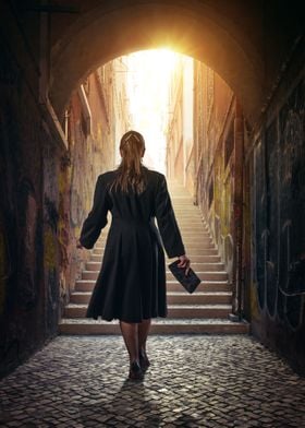 Woman in black dress walking up a stairway in a narrow  ... 