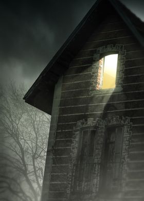 Haunted house with lit window in a dark and mysterious  ... 