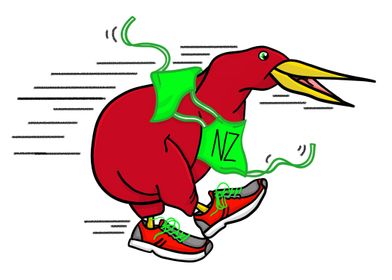 A cute, cartoon kiwi bird wearing running shoes.