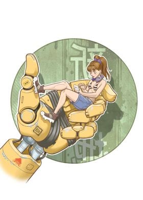 Manga girl sit on giant robot hand