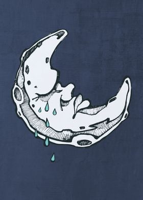 Hand drawn illustration or drawing of a crying moon