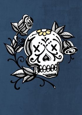 Hand drawn illustration or drawing of a skull and roses ... 